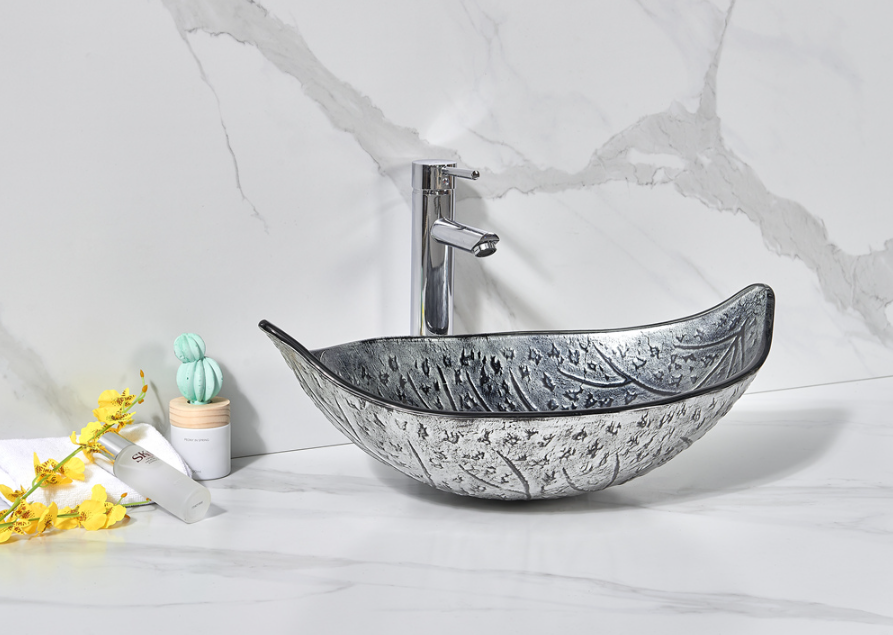 Infinity Tempered Glass Leaf Specical Shape Above Counter Art Basin 590*370*140mm