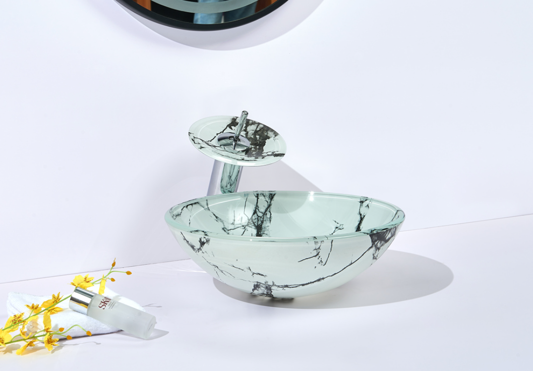 Infinity Marble Tempered Glass Round Above Counter Art Basin 420*420*145mm