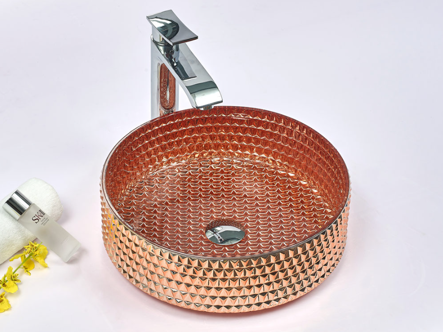Infinity Champagne Rose Tempered Glass Round Above Counter Art Basin 395*395*125mm