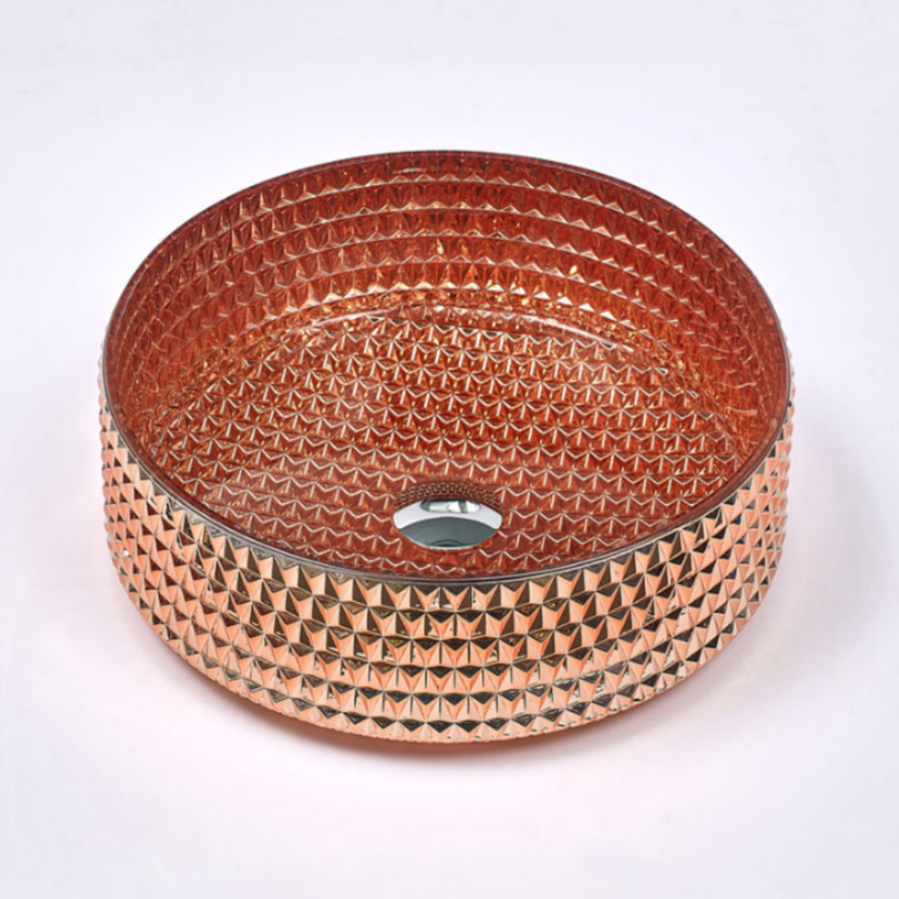 Infinity Champagne Rose Tempered Glass Round Above Counter Art Basin 395*395*125mm