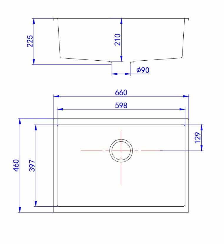 Technical drawing of Crete Granite Single Bowl Sink 660×460×225mm with bowl size 598×397×225mm