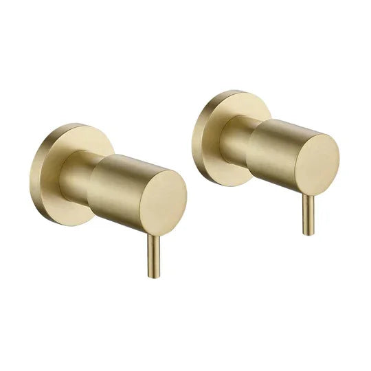 Pair of modern brushed gold wall tap handles from Secasa Home, minimalist bathroom tapware