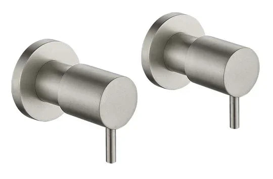 Brushed nickel wall-mounted tap handles, modern bathroom tapware by Secasa Home