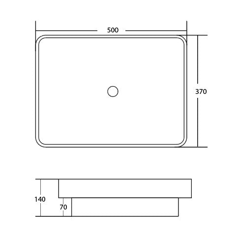 Rectangular bathroom vanity basin technical drawing with measurements, Secasa Home sink design