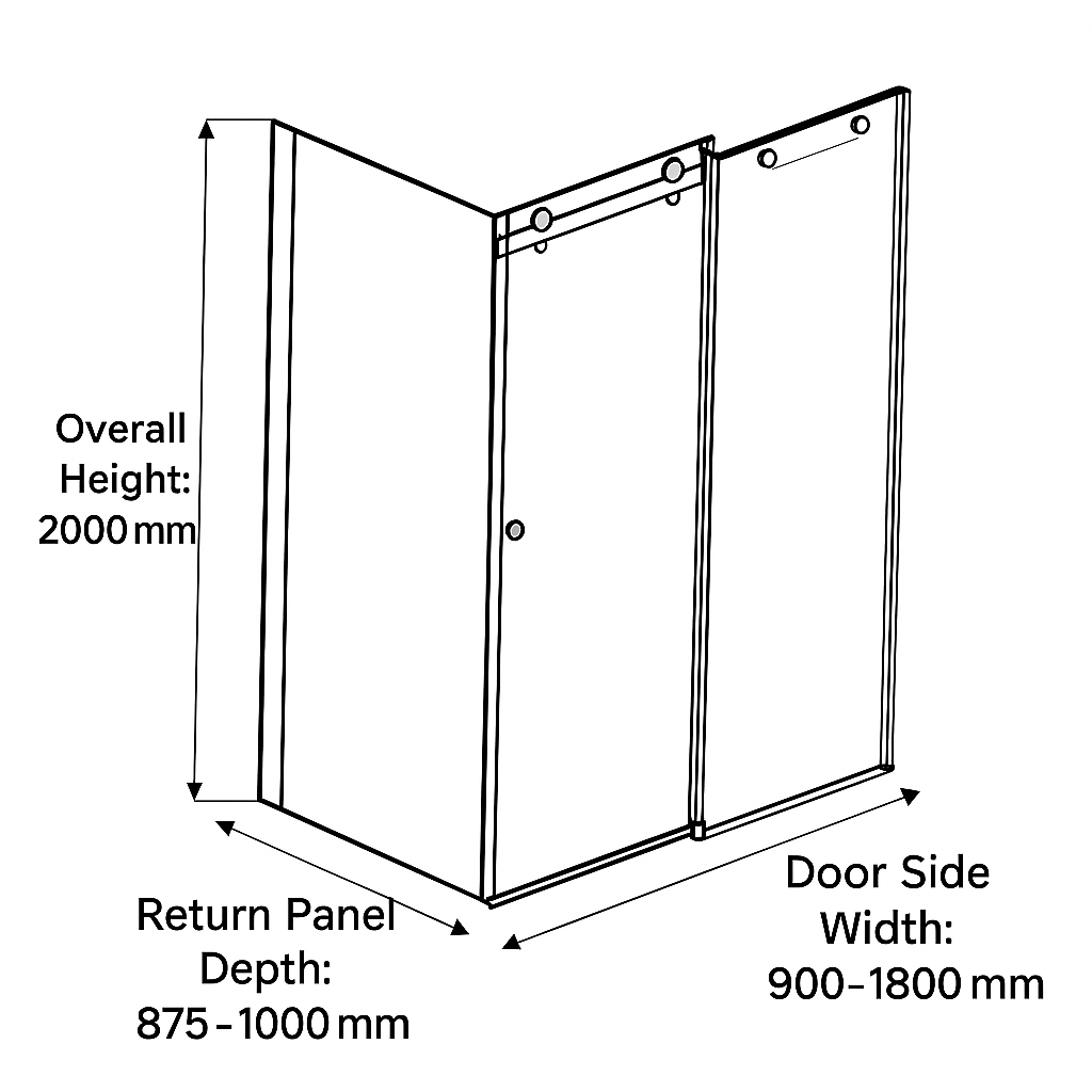 Sunny Brushed Gold 900–1800×2000mm L Shape Frameless Clear Glass Sliding Door Shower Screen