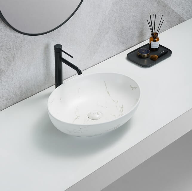 Lukka CAREY fine ceramic above counter basin in matte Carrara white finish, oval 520×395×130 mm, no overflow, 32 mm waste