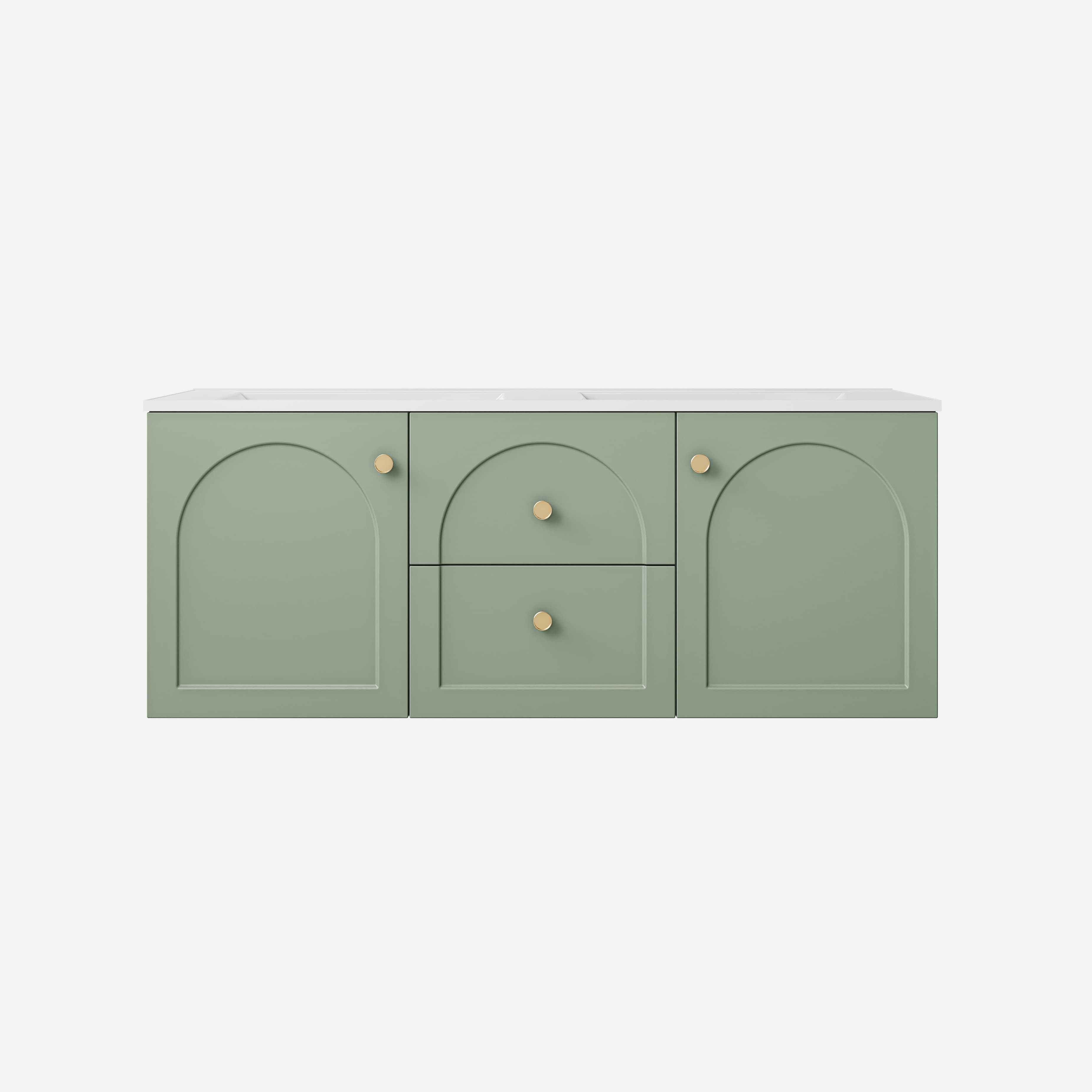Lukka Chester Olive Green 1190x455x480mm single / double bowl wall-hung cabinet, without basin or with stone benchtop.