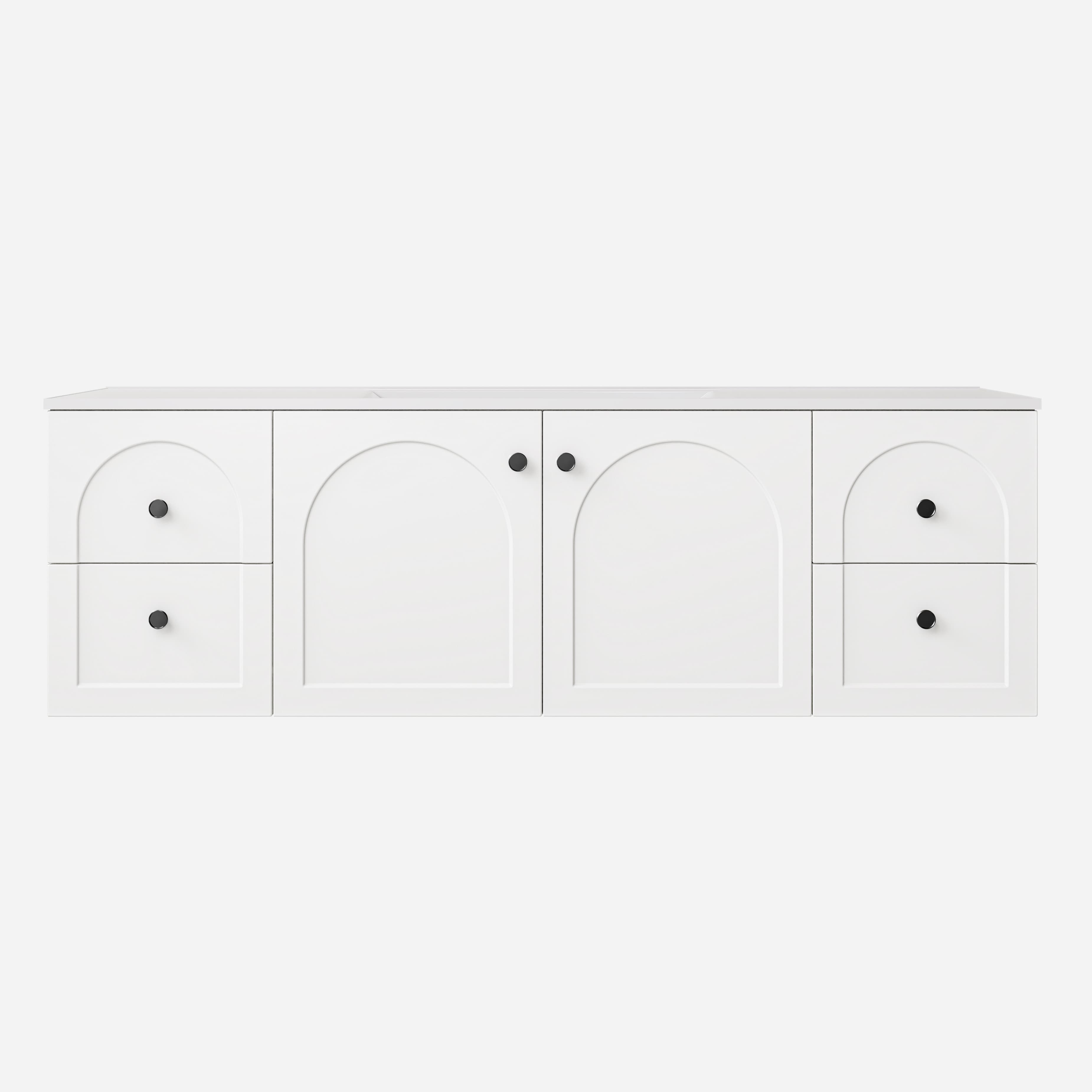 Lukka Chester Matt White 1490x455x480mm single/ double bowl wall-hung cabinet, showing multiple drawer storage.