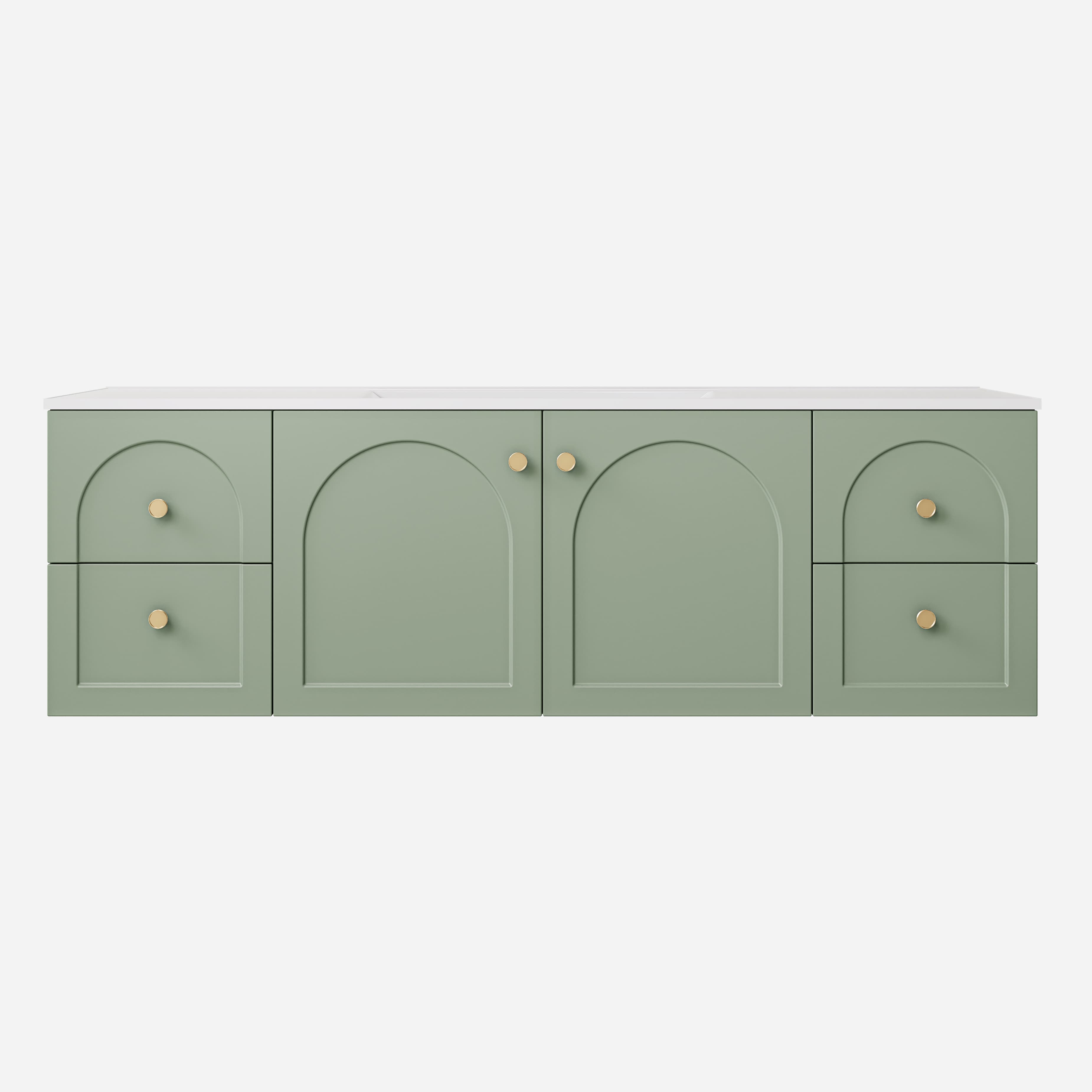 Lukka Chester Olive Green 1490x455x480mm single / double bowl wall-hung cabinet, showing multiple drawer storage.
