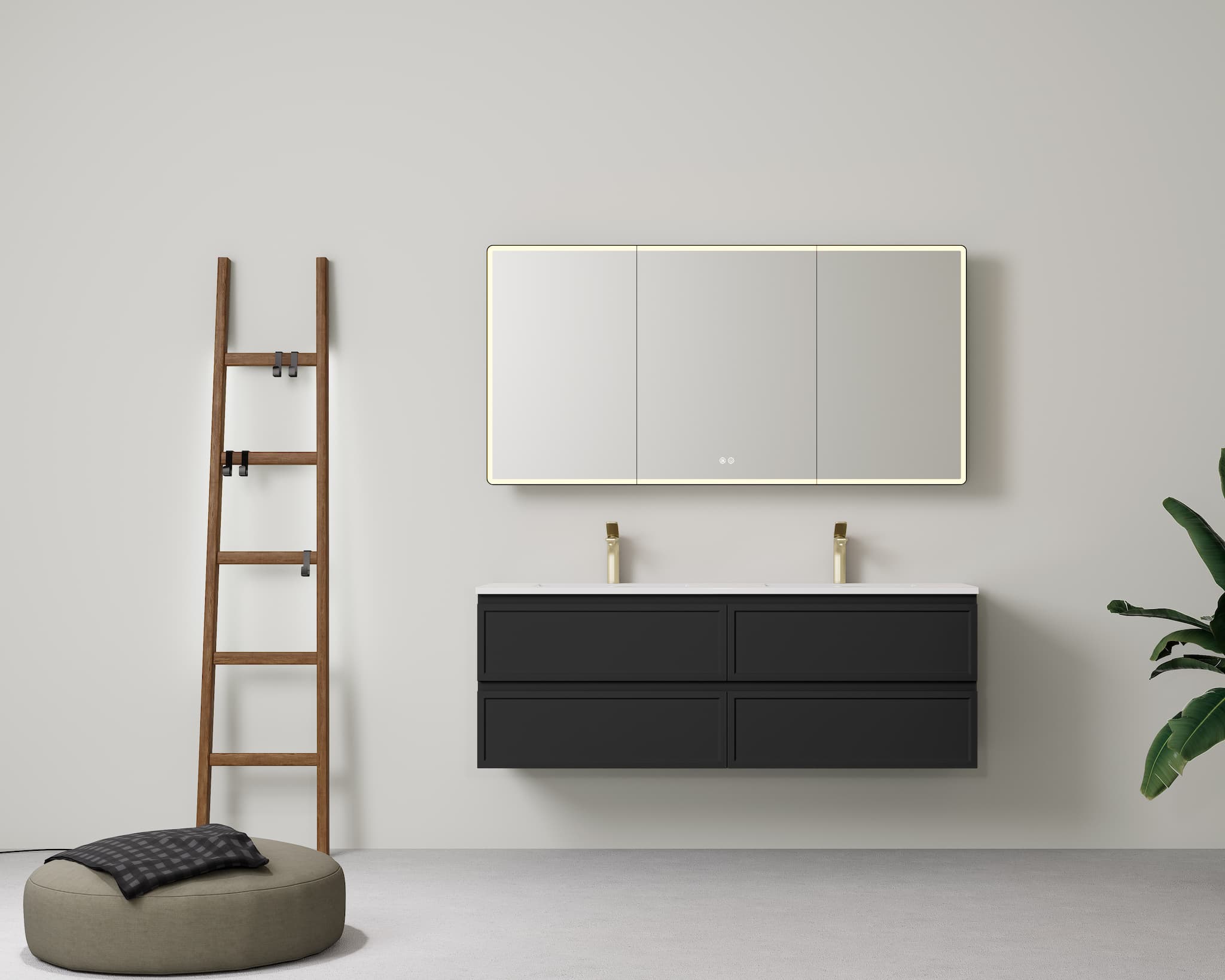 Lukka New Hamilton Federation 1500mm Double Bowl Vanity in matt black, wall-mounted cabinet highlighting the V-groove paneling.