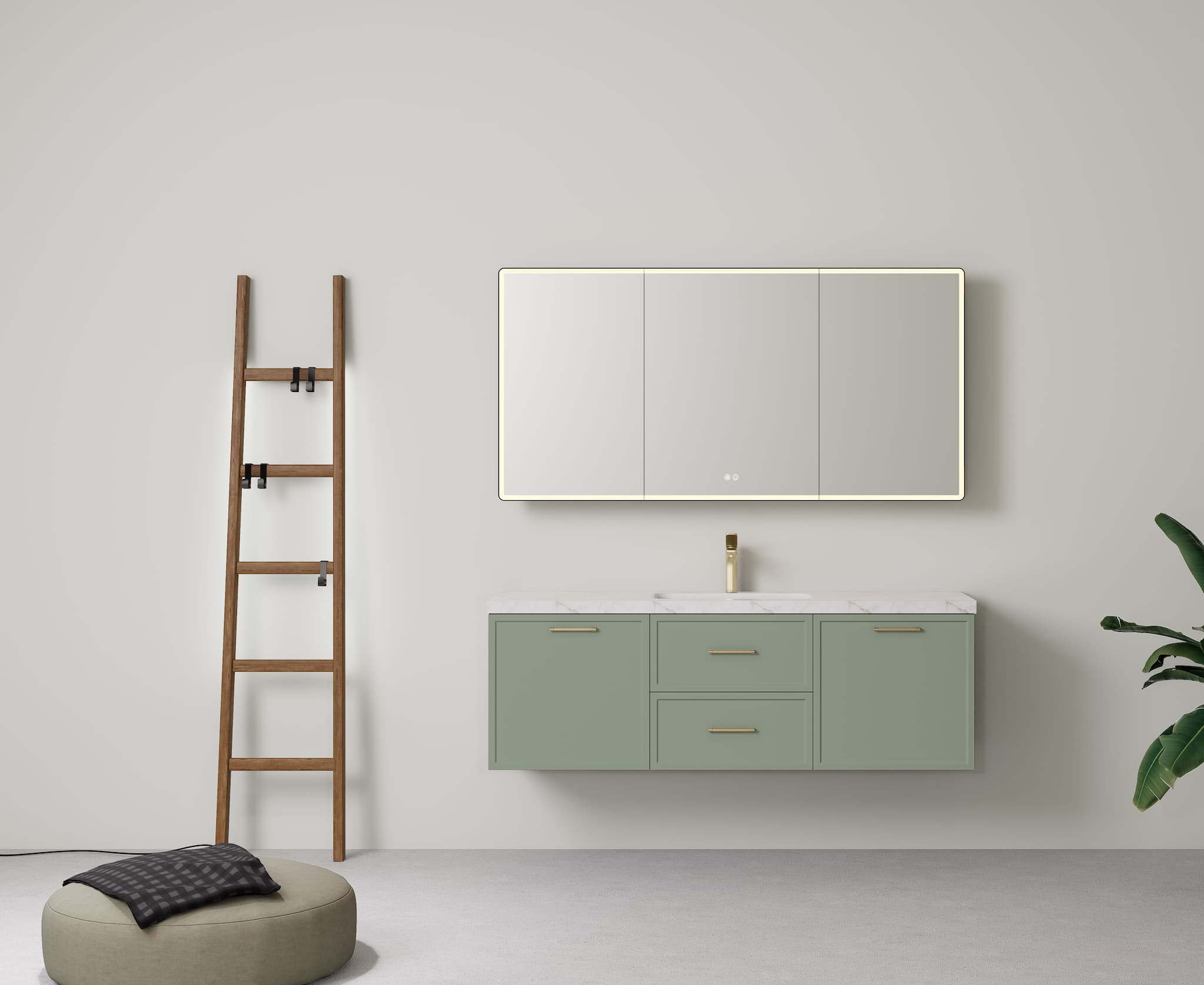 Lukka Kingsley Olive Green 1500mm single bowl wall-hung cabinet, luxury master ensuite setting.