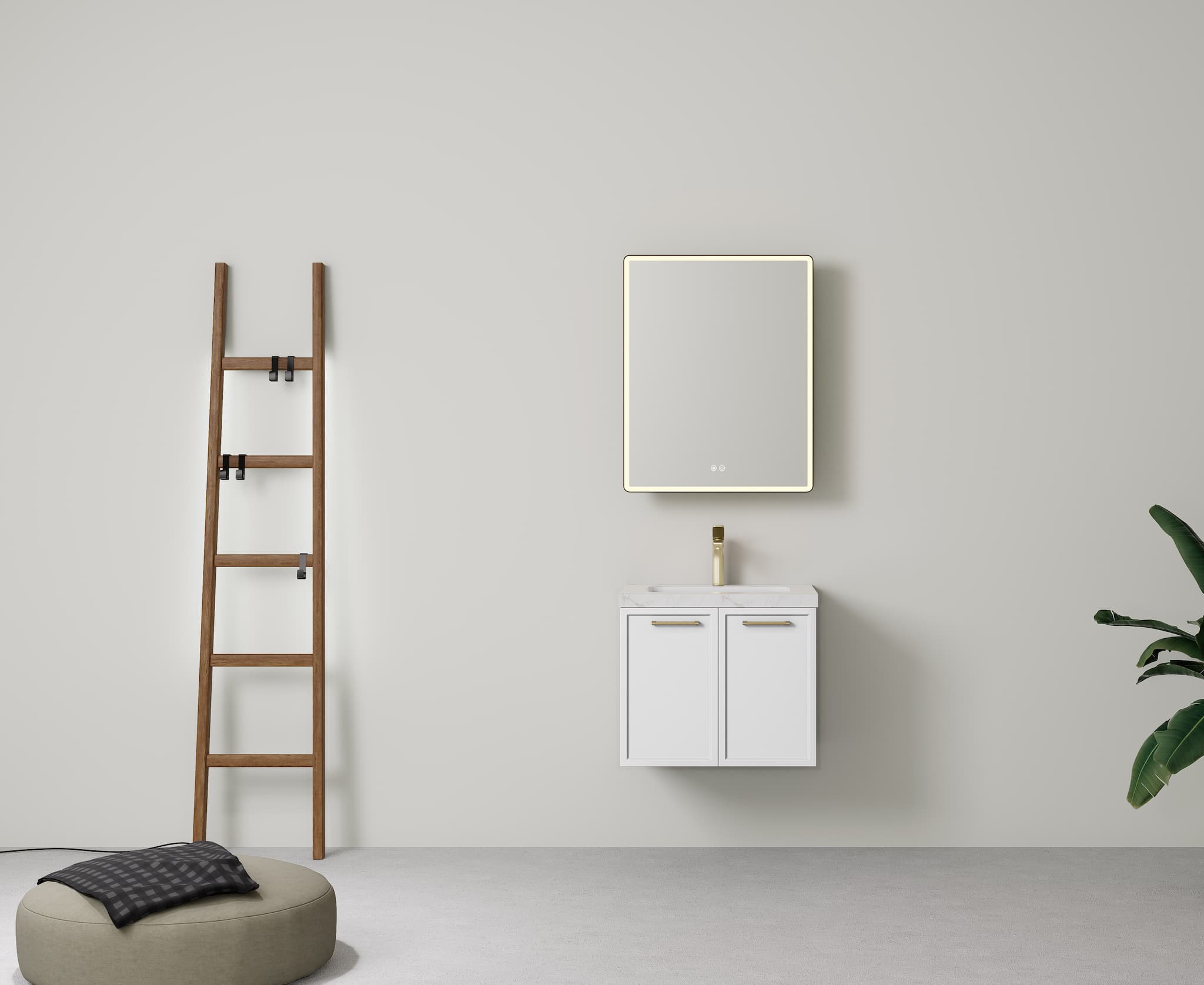 Close-up of Lukka Kingsley Matt White 600mm single bowl wall-hung cabinet with soft-closing door.