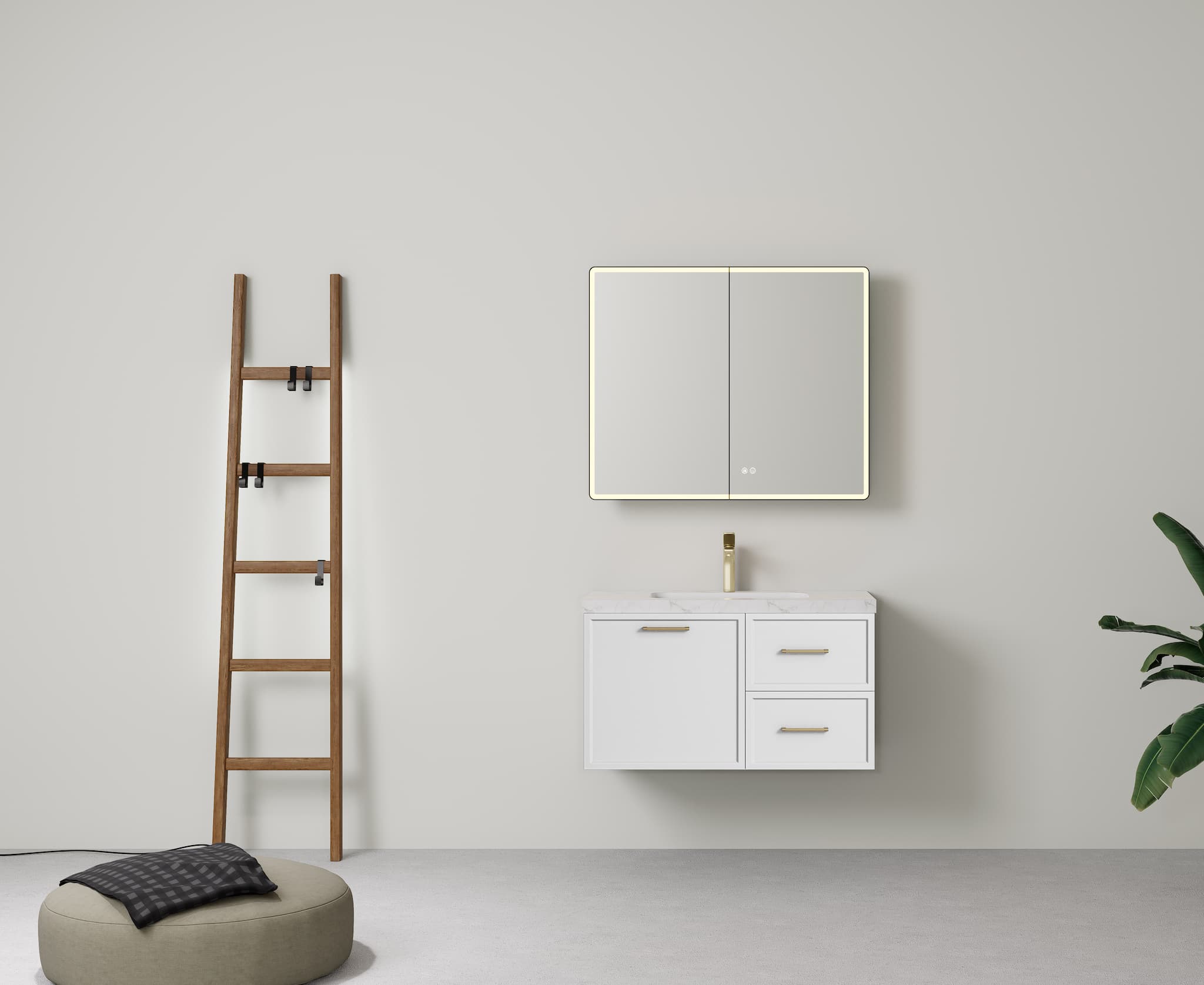 Detail view of Lukka Kingsley Matt White 900mm single bowl wall-hung left drawer configuration cabinet.