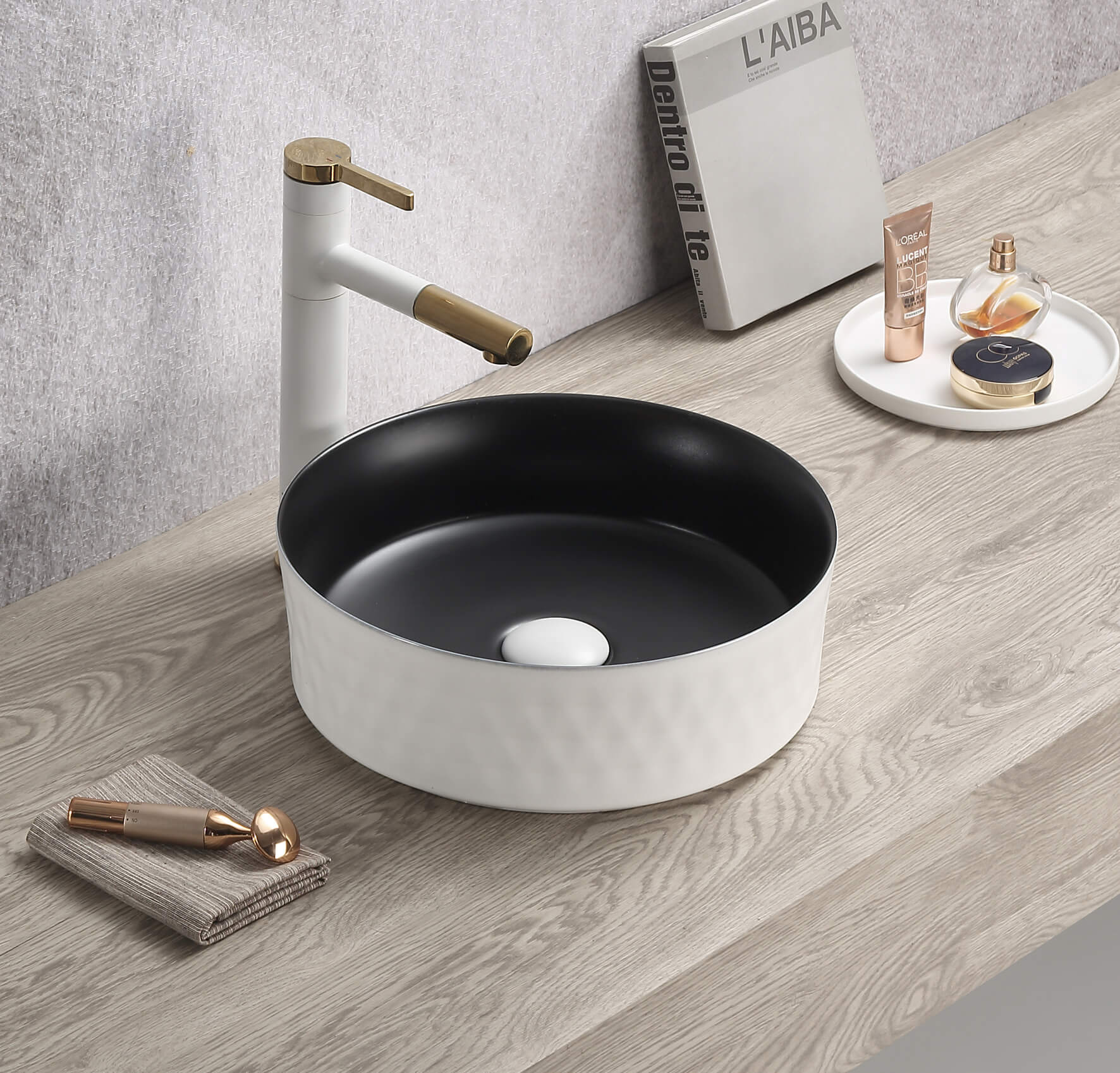 Lukka Ollia Diamond fine ceramic above counter basin in round shape, gloss white finish, 360×360×120 mm, non-overflow, 32 mm waste