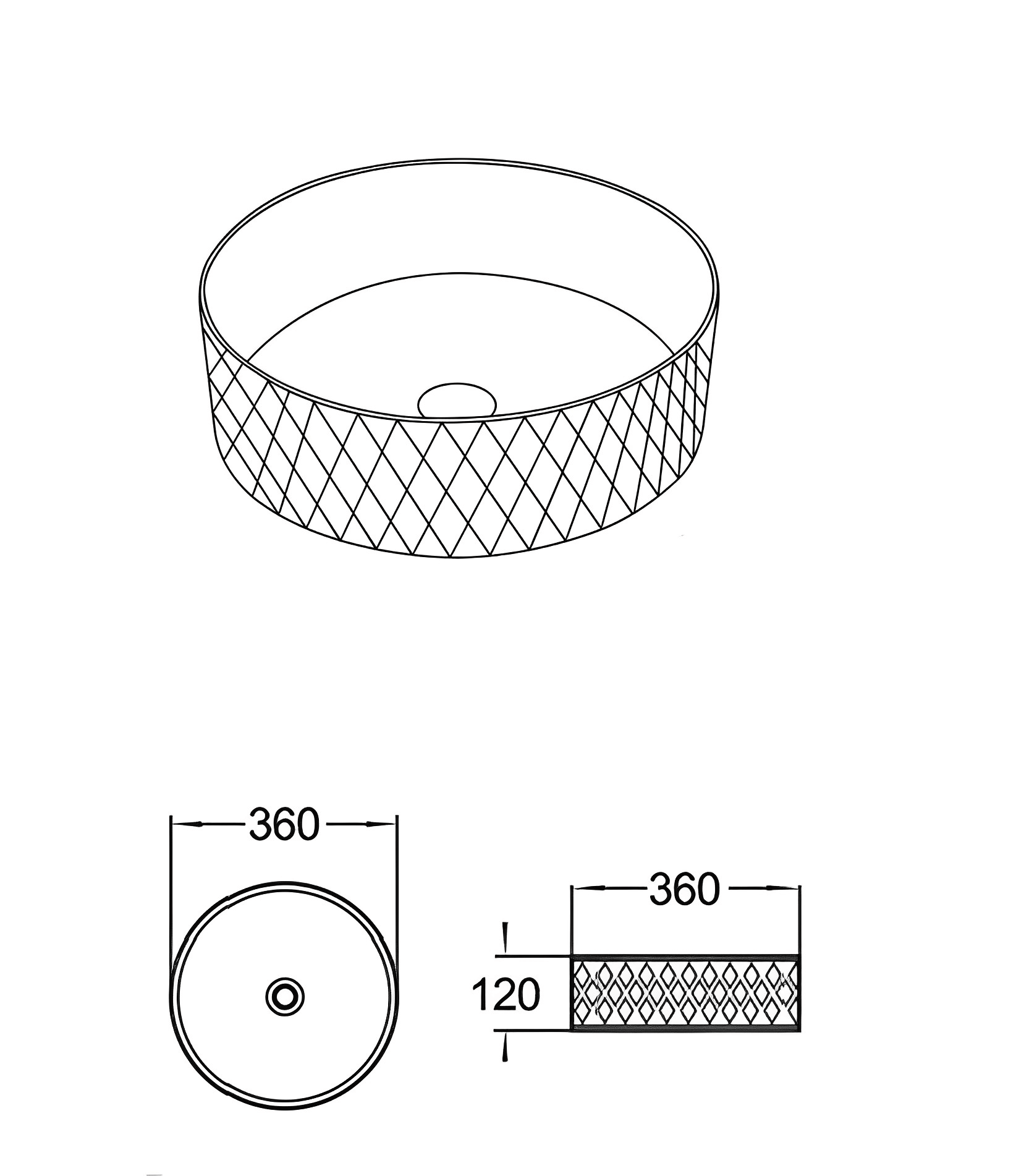 Dimension diagram of Lukka Ollia Diamond fine ceramic above counter basin 360×360×120 mm in matte black exterior and matte white interior, round shape, non-overflow