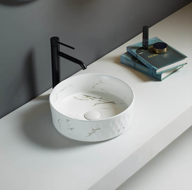 Lukka Ollia fine ceramic above counter basin in round shape, matte Carrara white finish, 360×360×120 mm, non-overflow, 32 mm waste
