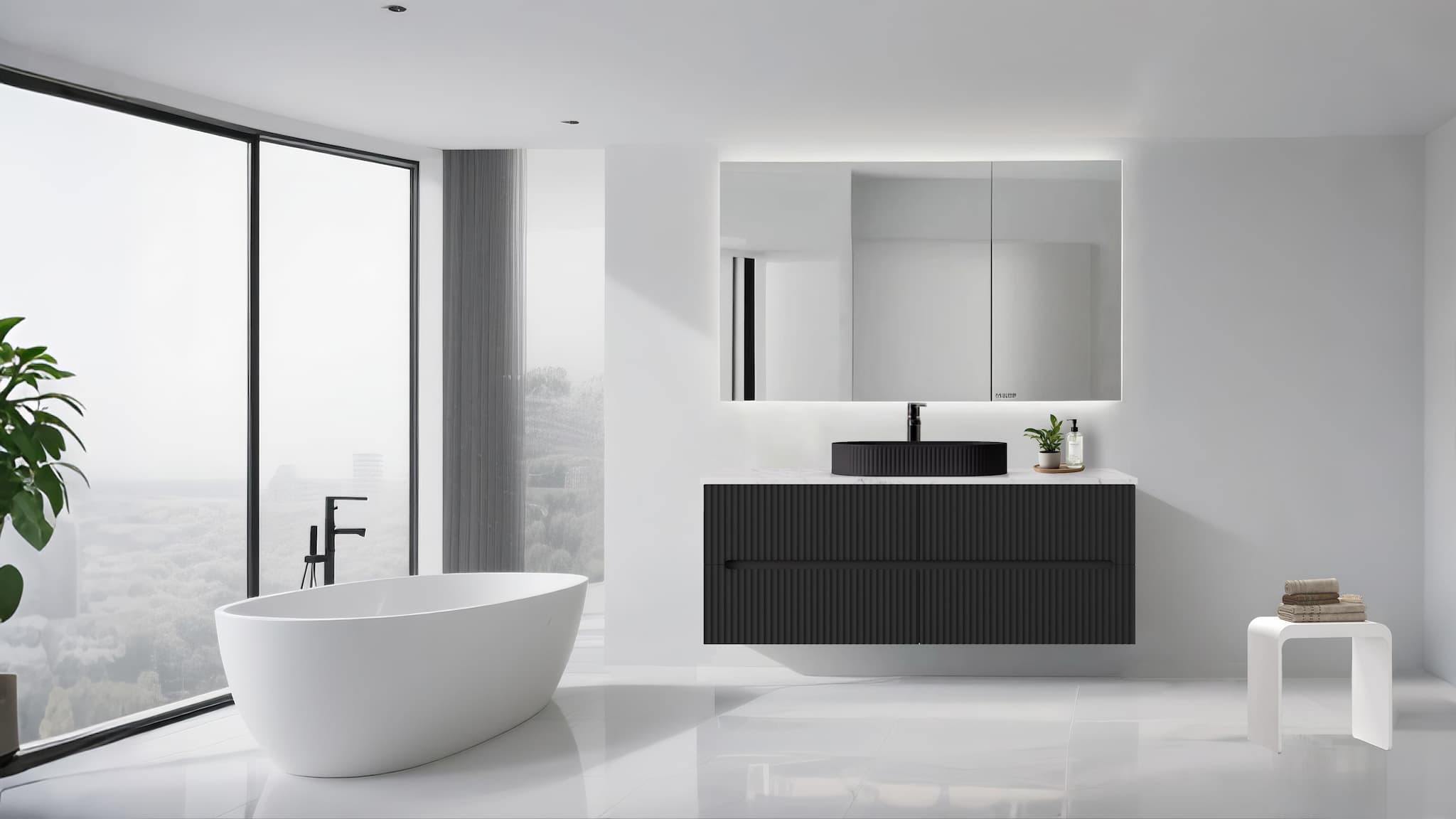 Luxurious bathroom interior featuring the Lukka Cabarita 1500mm Double Bowl Wall Hung Vanity in Matte Black, showcasing its modern design and spacious countertop.