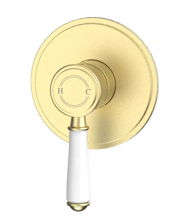 Brushed gold bathroom mixer with white handle, modern tapware by Secasa Home