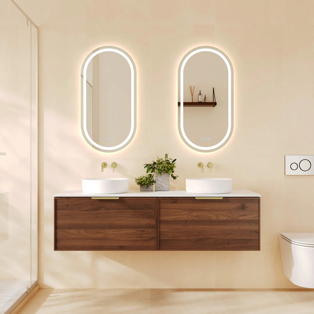 Mercio Paris 1490mm Wall-Hung Vanity in Walnut Woodmatt, featuring dual basins, sleek curved lip pull handles, and a modern straight-edge design, styled in a warm contemporary bathroom.