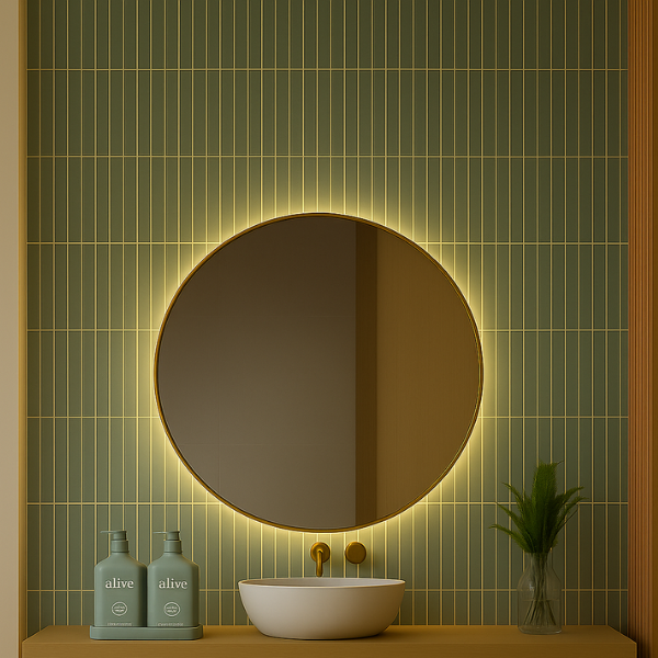 Bathroom with round mirror, sink, and decorative bottles against a green tiled wall.
