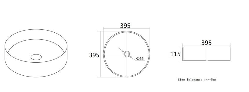 Dimension diagram of Lukka Olley fine ceramic above counter basin 394×394×115 mm in matte Carrara white with bronze accent, round shape, non-overflow