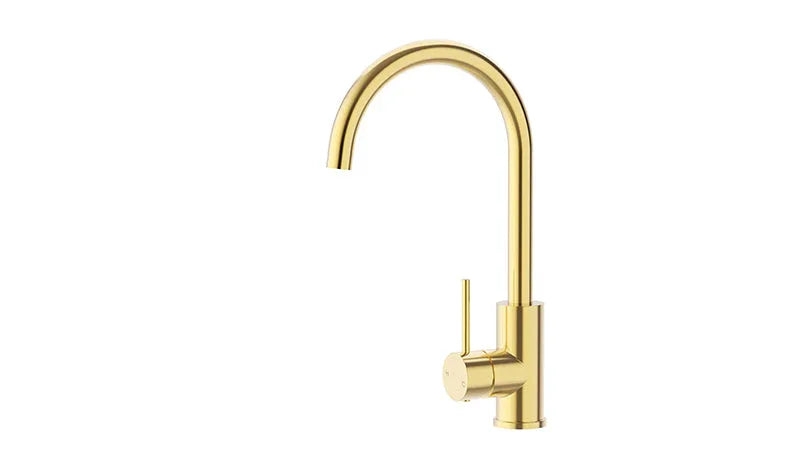 Modern gold kitchen tapware with curved spout from Secasa Home, minimalist design.