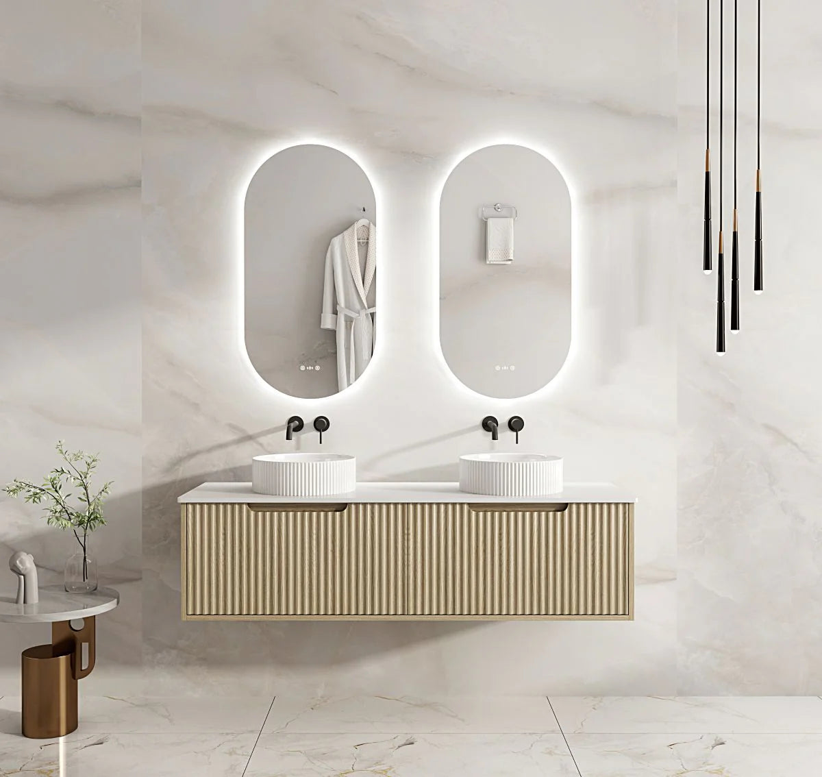 Mercio RHEA Natural Oak Fluted Wall Hung Vanity | 600–1500mm | Elegant Storage in Minimalist Design