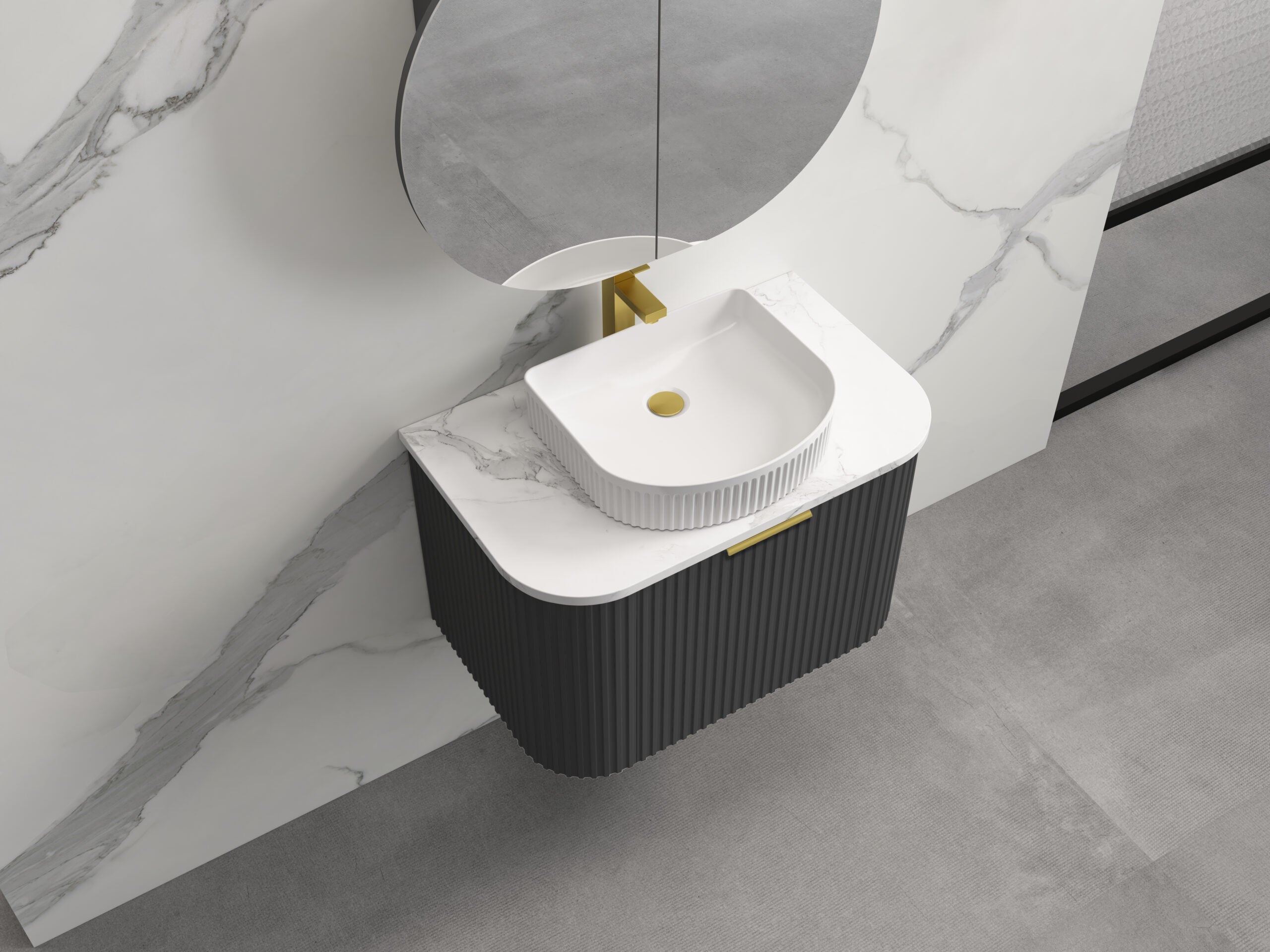 INFINITY RIO Matt Black Curved Fluted Wall Hung Vanity ALL SIZE