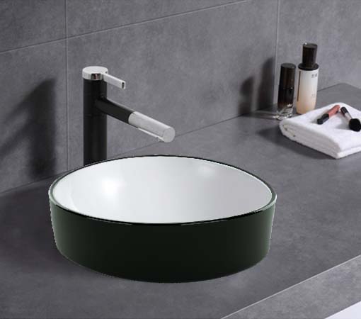 Modern round bathroom vanity basin with matte black exterior on grey countertop, Secasa Home