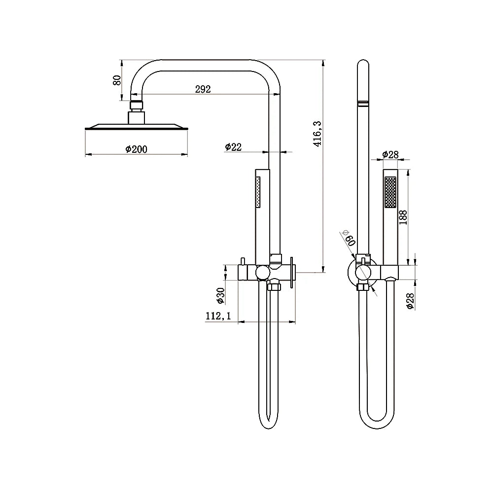 AMOZA 200mm Round Twin Shower Set | Pencil Hand Shower |Chrome, Brushed Stainless Steel, Gun Metal, Matt Black, Brushed Gold