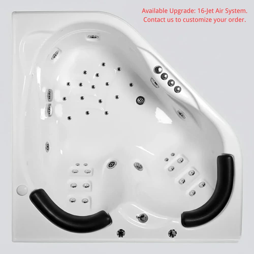 Modern white spa bath with recessed jets, black headrests, and armrests by Secasa Home