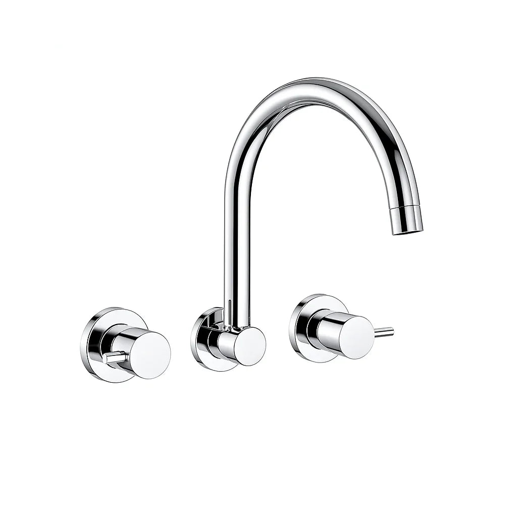 Modern chrome wall top assembly with swivel spout for bathroom or kitchen sink