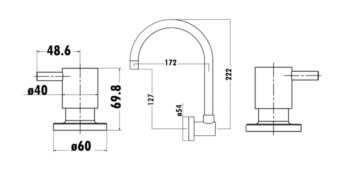 Technical drawing of modern wall top assemblies with spout set, featuring dimensions and design details.