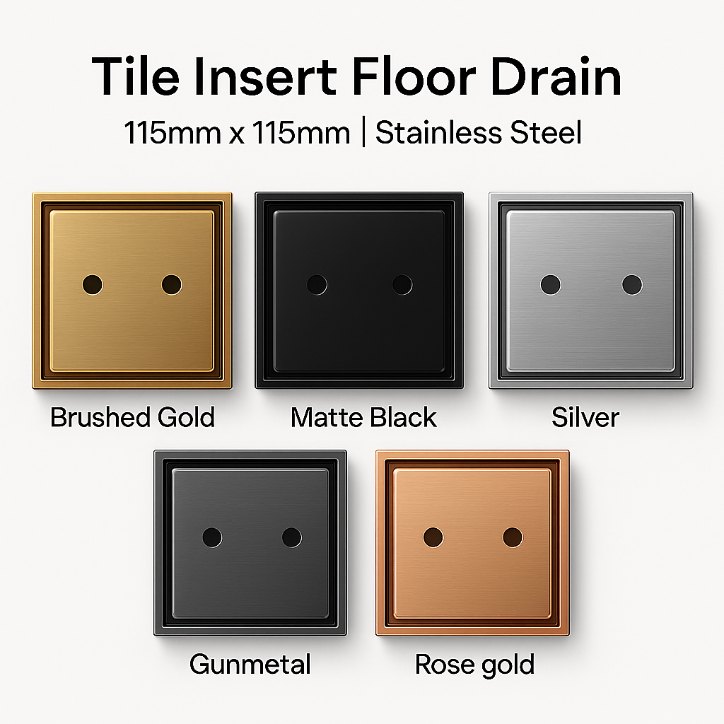 Somer D444 115x115mm Square Tile Insert Stainless Steel Floor Drain – 90mm Outlet | Brushed Gold / Black / Gunmetal / Silver / Rose Gold