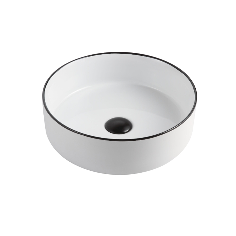 Modern round white ceramic bathroom basin with black trim from Secasa Home