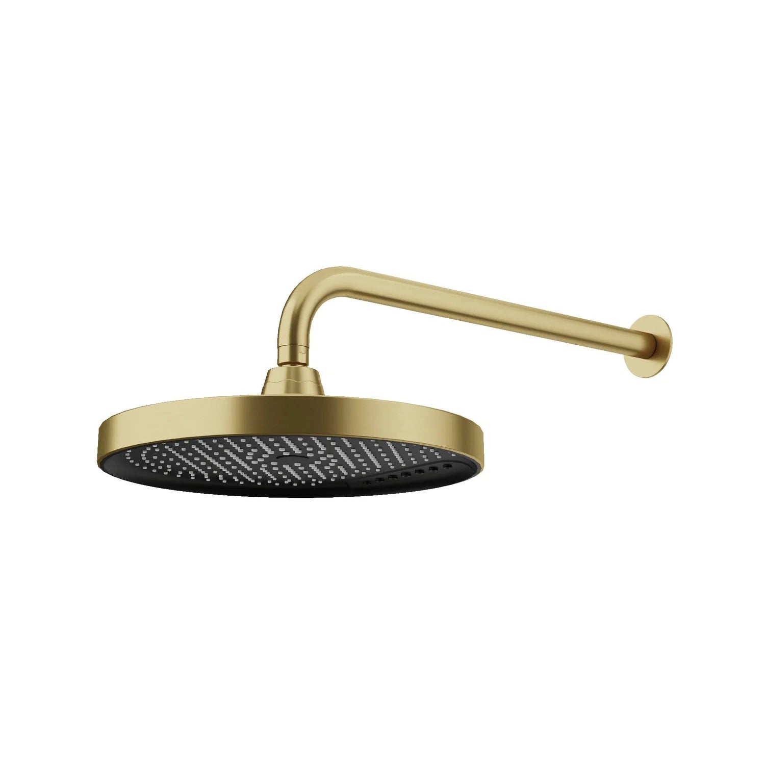 Brushed Gold AMOZA 300mm Dual Shower Head & Curved Arm Set on a white background