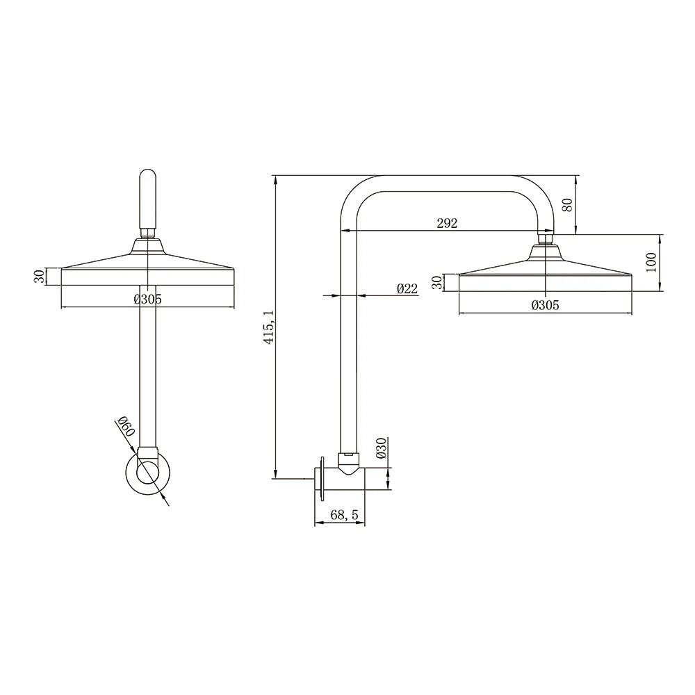 Technical dimension diagram for AMOZA 300mm Gooseneck Shower Arm and Head Set