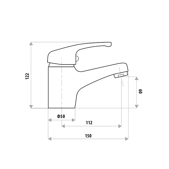 Amoza Chrome Trade Basin Mixer with Kwik-Fit dimensions diagram. Showing total height, upswept swivel spout reach, and spout clearance height above the benchtop.