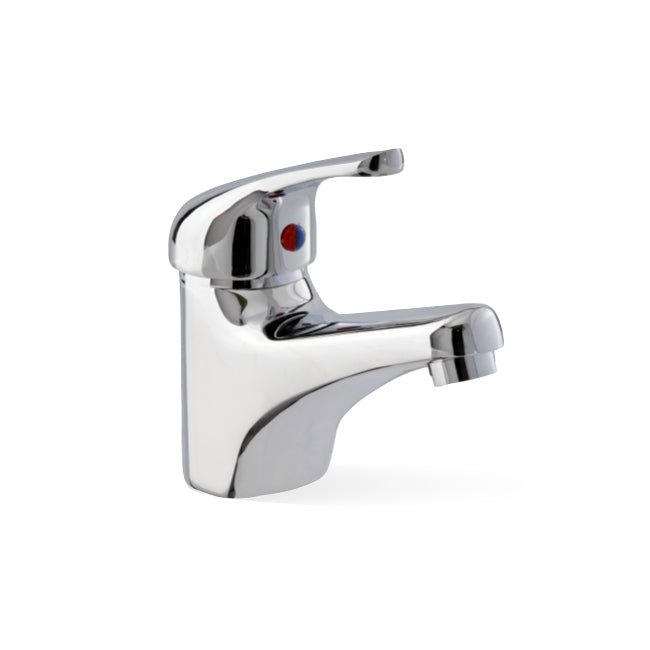 Amoza Chrome Trade Basin Mixer with upswept swivel spout, featuring a quick-fit installation mechanism.