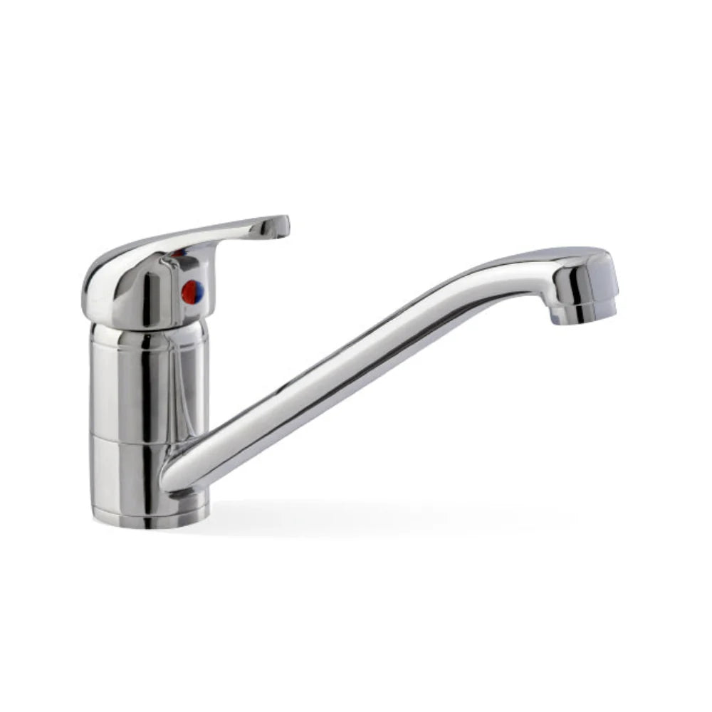 Amoza Chrome Trade Kitchen Sink Mixer with high upswept swivel spout and Kwik-Fit quick installation mechanism. WELS 4-Star rated.