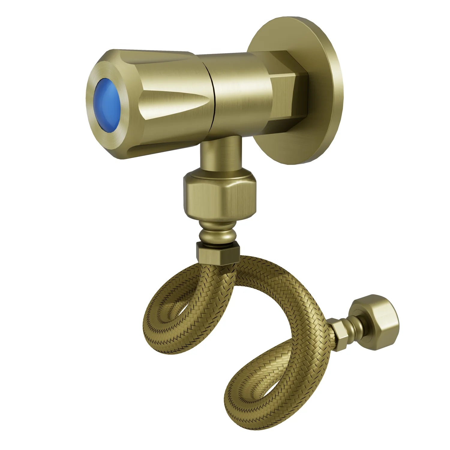 Brushed Gold AMOZA Mini Stop Tap Kit With Cover Plate and 450mm Hose on a white background