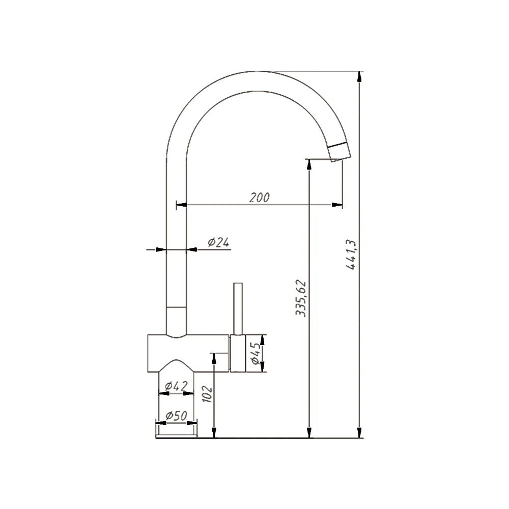 Technical dimension diagram for AMOZA Gooseneck Sink Mixer Tap on a white background