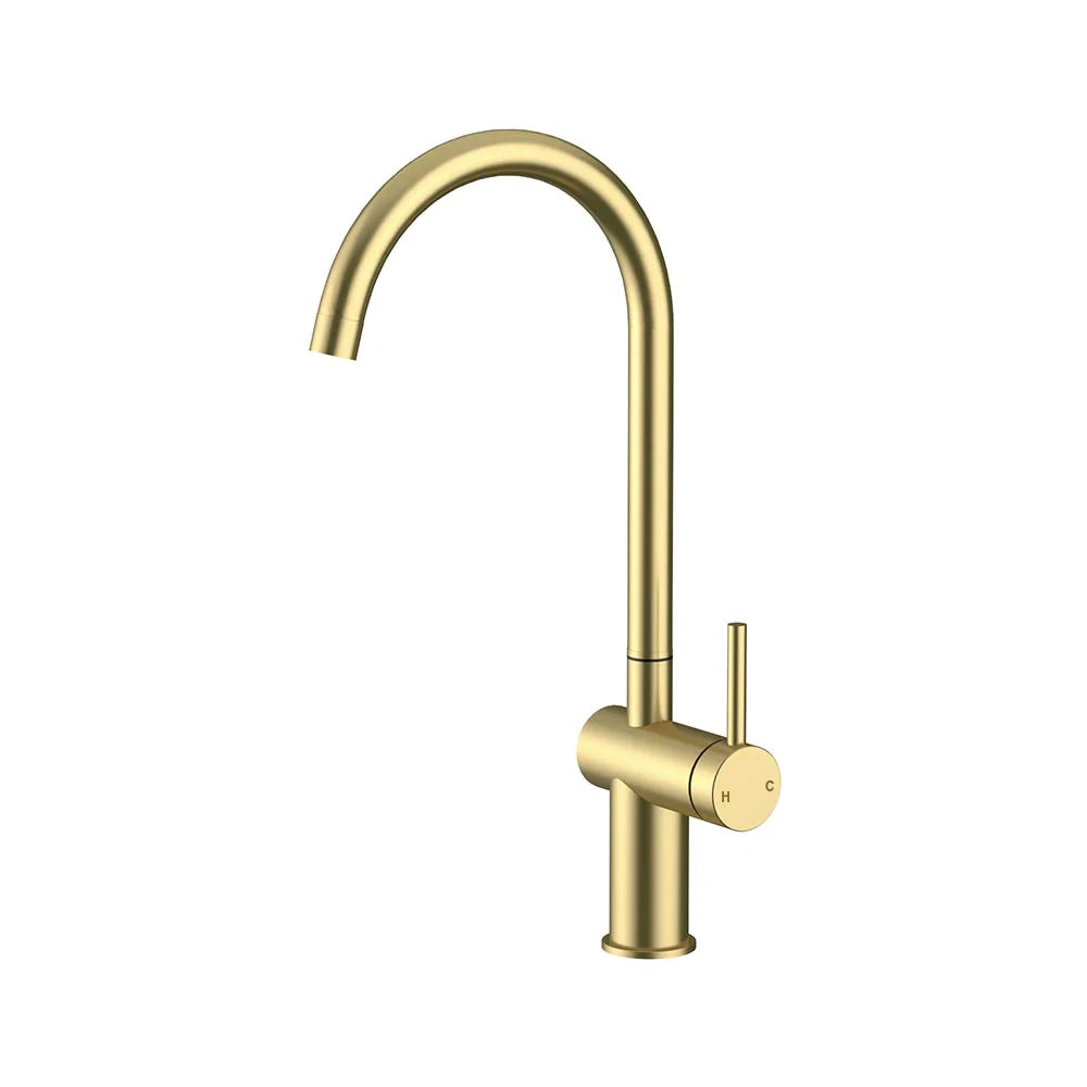 Brushed Gold AMOZA Gooseneck Sink Mixer Tap WELS T44669 on a white background