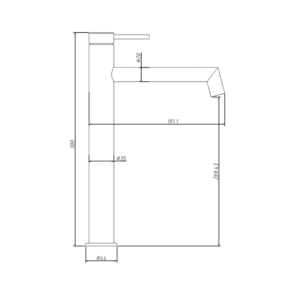 Amoza MX6104 Hi-Rise Right Angle Basin Mixer dimensions diagram. Showing 300mm total height, spout reach, and spout clearance for vessel basins.