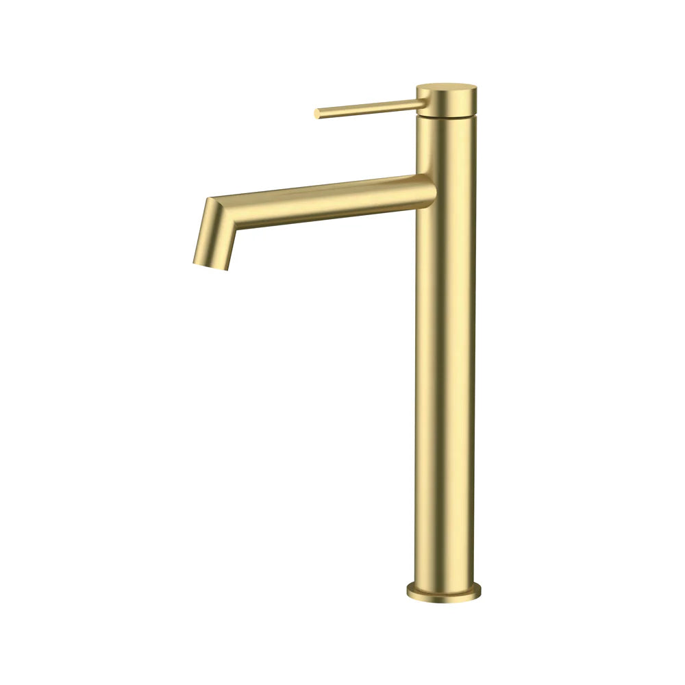 Amoza MX6104BG Brushed Gold 304 SS Hi-Rise Right Angle Basin Mixer. Ideal for vessel sinks, WELS 5-Star rated.