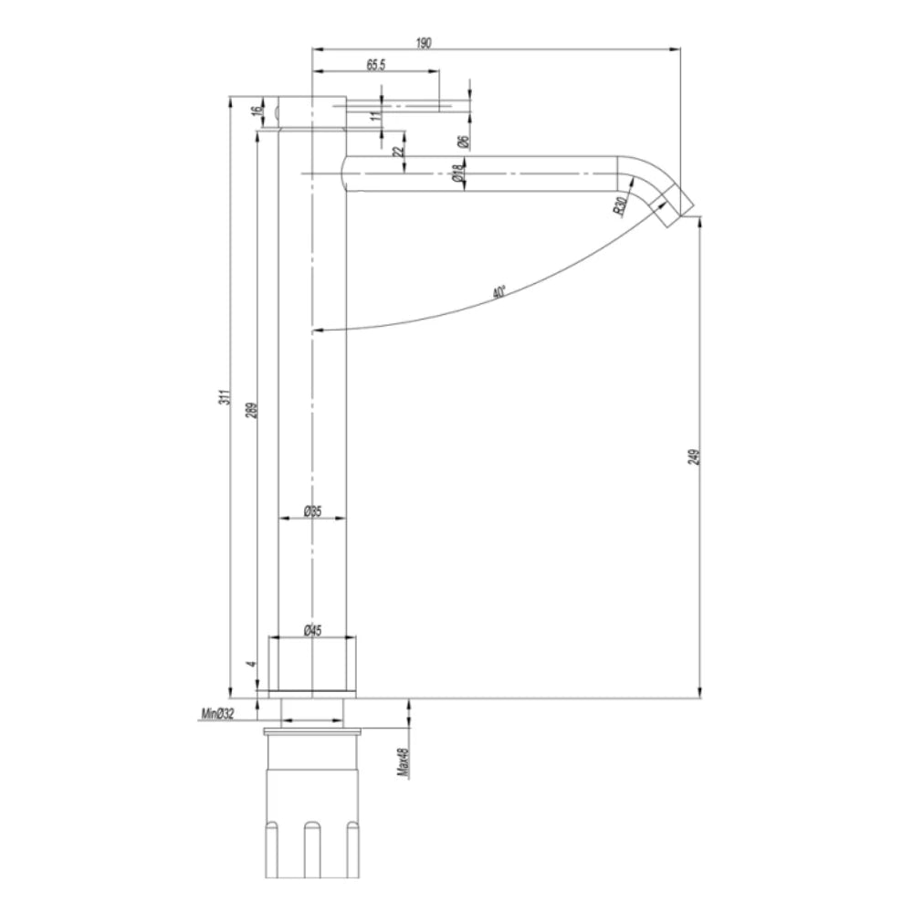 Amoza MX8674 High Rise Curved Basin Mixer dimensions diagram. Showing total height, spout reach, and spout clearance for vessel basins.