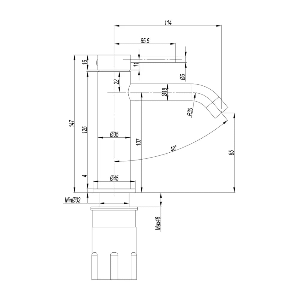 Amoza MX8675 Standard Curved Basin Mixer dimensions diagram. Showing total height, spout reach, and clearance for basin installation.
