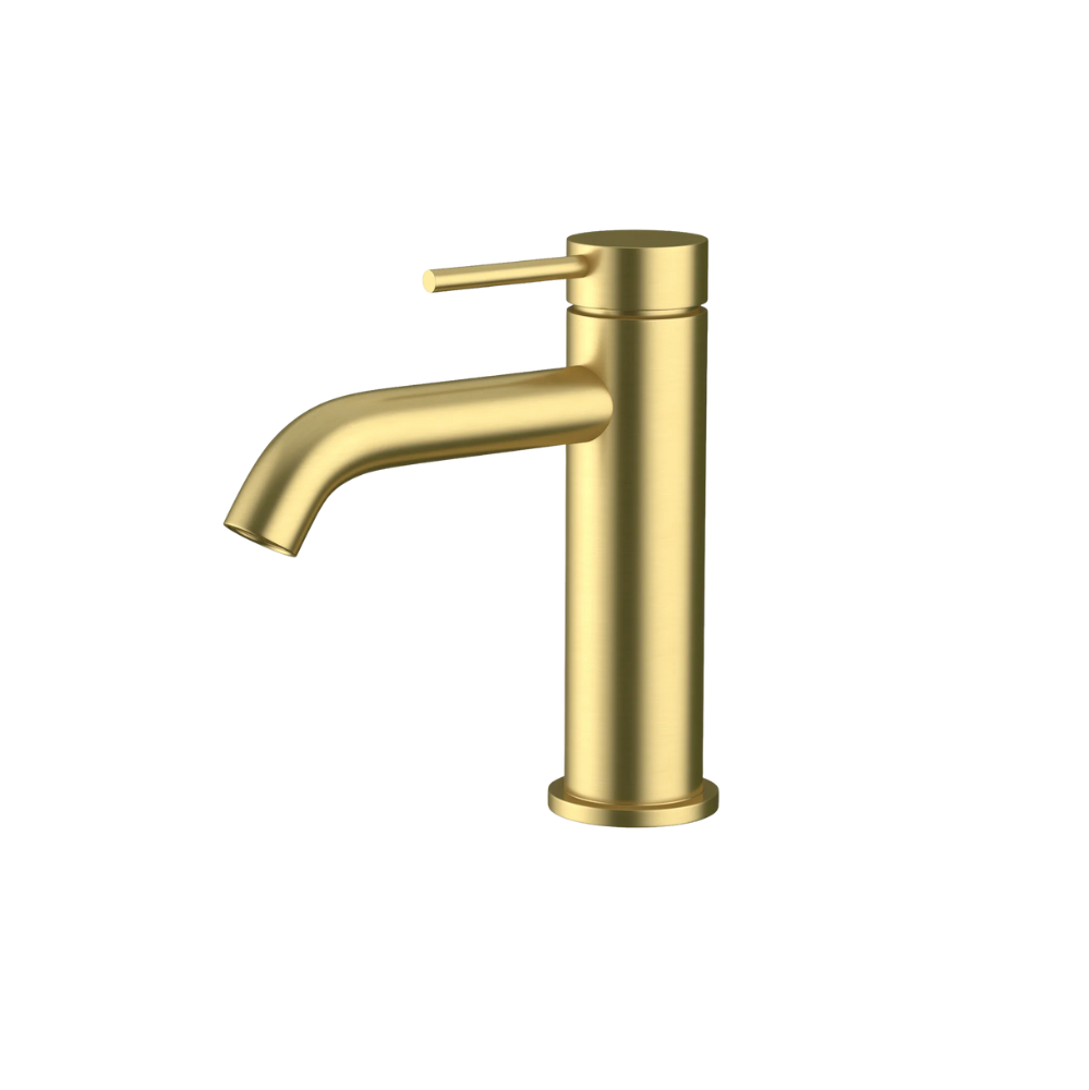 Amoza MX8675BG Brushed Gold 304 SS Standard Curved Spout Basin Mixer. Lead-Free, WELS 5-Star rated.