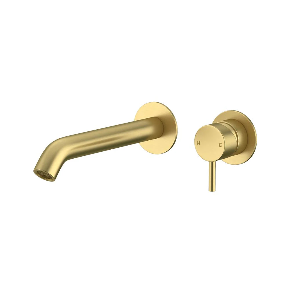 Amoza MX8676BG 304 Stainless Steel Wall Mounted Basin Bath Mixer Tap in Brushed Gold finish with curved spout and pin lever.