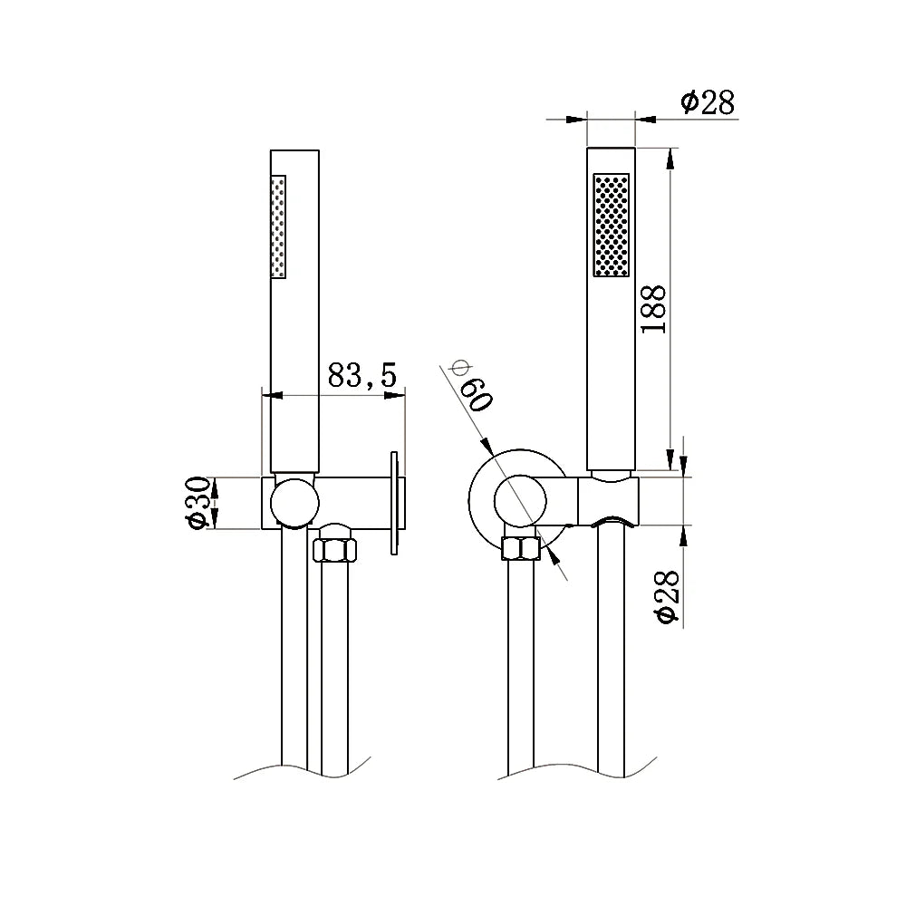 Technical drawing of Technical dimension diagram for AMOZA Wall Shower Bracket Kit with dimensions